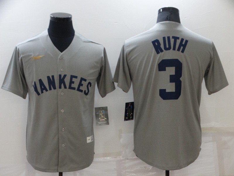 Men's New York Yankees Babe Ruth #3 Gray Baseball Jersey